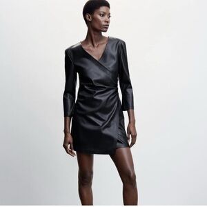 NWT MANGO MNG leather-effect wrap mini Black dress size small